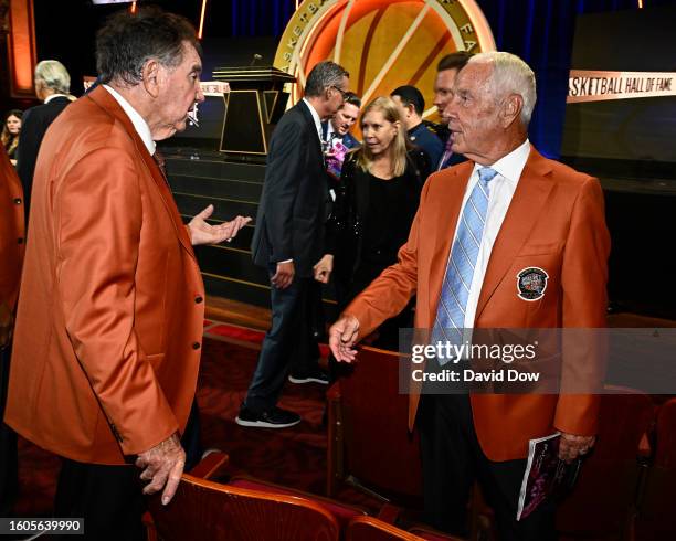 Van Chancellor & Roy Williams look on as part of the 2023 Basketball Hall of Fame Enshrinement Ceremony on August 12, 2023 at Springfield Marriott in...