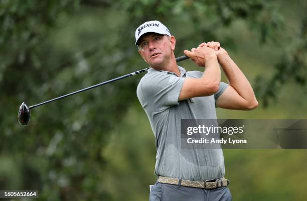 Lucas Glover of the United States plays his shot from the seventh tee during the first round of the FedEx St. Jude Championship at TPC Southwind on...