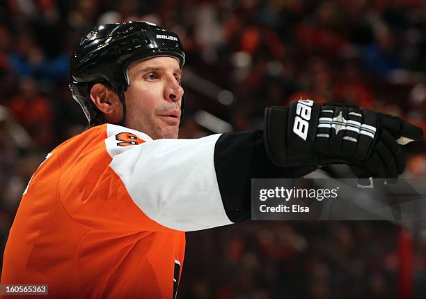 Mike Knuble of the Philadelphia Flyers directs his teammates in the third period against the Carolina Hurricanes on February 2, 2013 at the Wells...