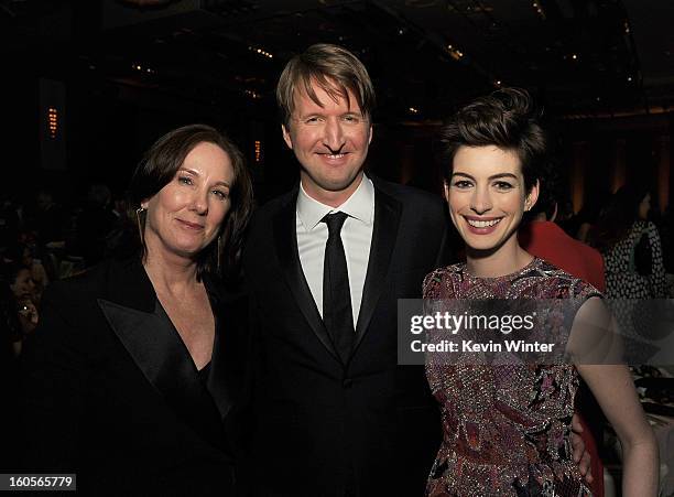 Lucasfilm Co-Chair Kathleen Kennedy, director Tom Hooper and actress Anne Hathaway attend the 65th Annual Directors Guild Of America Awards at Ray...