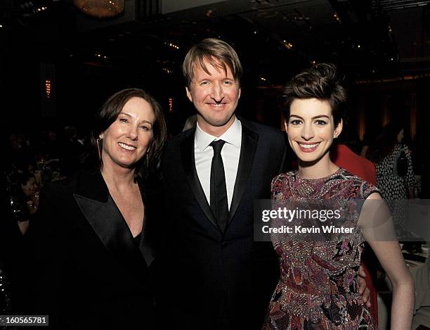 Lucasfilm Co-Chair Kathleen Kennedy, director Tom Hooper and actress Anne Hathaway attend the 65th Annual Directors Guild Of America Awards at Ray...