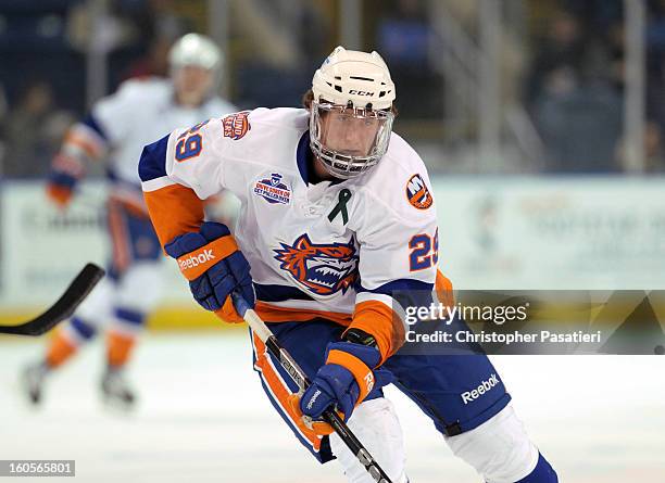 Brock Nelson of the Bridgeport Sound Tigers skates during an American Hockey League against the Norfolk Admirals on February 2, 2013 at the Webster...