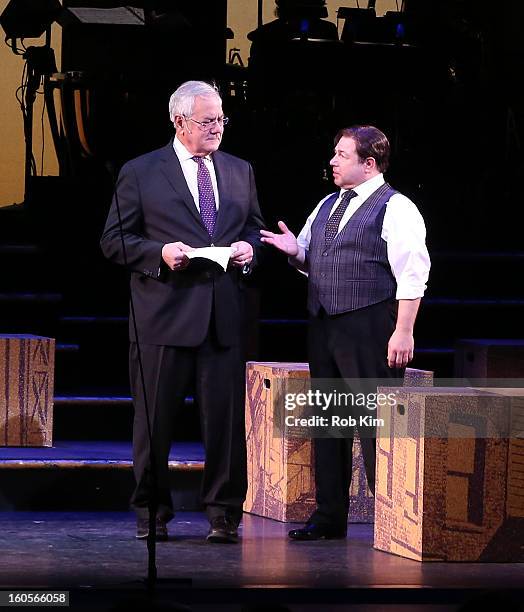 Barney Frank makes hs stage debut in "Fiorello!" with actor Danny Rutigliano at New York City Center on February 2, 2013 in New York City.