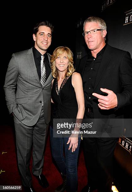 Professional football player Aaron Rodgers, producer Maura Mandt, and former professional football player Brett Favre attend the 2nd Annual NFL...