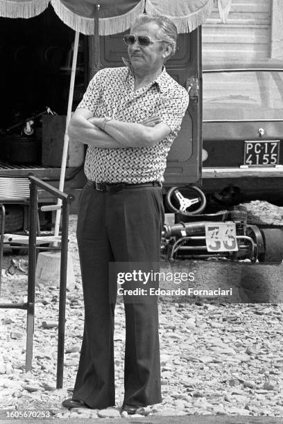 View of Italian SIR owner and president Angelo 'Nino' Rovelli, Parma, Italy, September 19, 1976. At the time, he was attending a kart race in which...