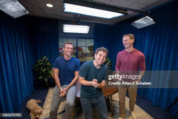 Pod Save America' Jon Favreau, Jon Lovett and Tommy Vietor are photographed for Los Angeles Times on October 8, 2018 in Los Angeles, California....