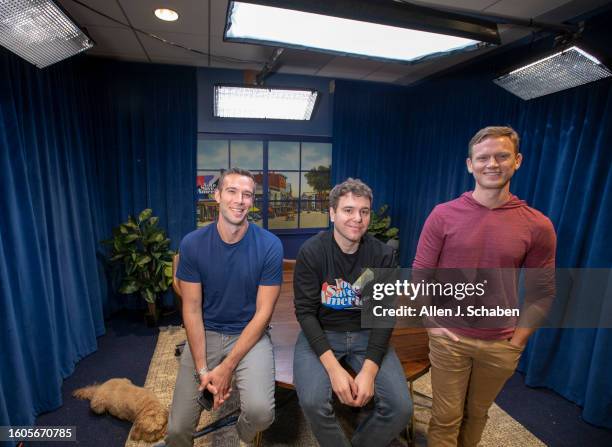 Pod Save America' Jon Favreau, Jon Lovett and Tommy Vietor are photographed for Los Angeles Times on October 8, 2018 in Los Angeles, California....