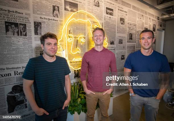 Pod Save America' Jon Lovett, Tommy Vietor and Jon Favreau are photographed for Los Angeles Times on October 8, 2018 in Los Angeles, California....