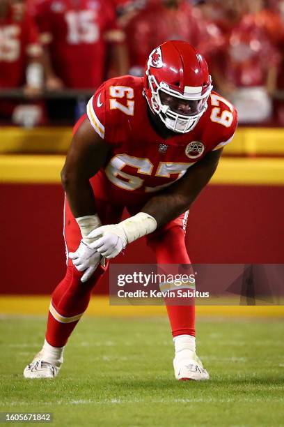 Lucas Niang of the Kansas City Chiefs lines up during an NFL game against the Buffalo Bills at GEHA Field at Arrowhead Stadium on October 10, 2021 in...