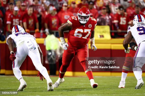 Lucas Niang of the Kansas City Chiefs blocks during an NFL game against the Buffalo Bills at GEHA Field at Arrowhead Stadium on October 10, 2021 in...