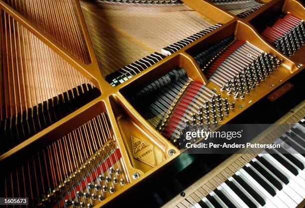 The strings on a Steinway piano are revealed October 23, 1997 in the Steinway factory in Queens, NY. The factory was built in 1870 and is still...