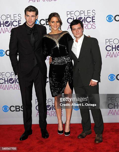 Actors Liam Hemsworth, Jennifer Lawrence and Josh Hutcherson participates at the 39th Annual People's Choice Awards - Press Room held at Nokia...