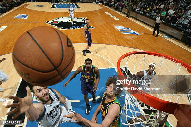 Nikola Pekovic of the Minnesota Timberwolves drives to the basket against the New Orleans Hornets on February 2, 2013 at Target Center in...