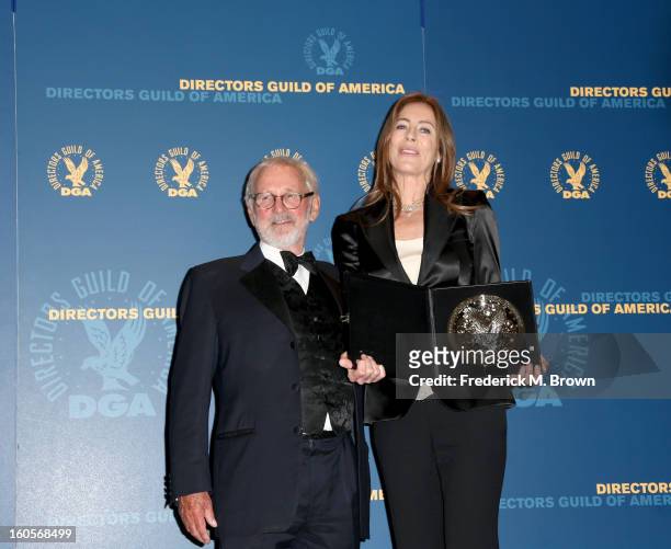 Presenter Norman Jewison and irector Kathryn Bigelow, recipient of the Feature Film Nomination Plaque for Zero Dark Thirty," poses in the press room...