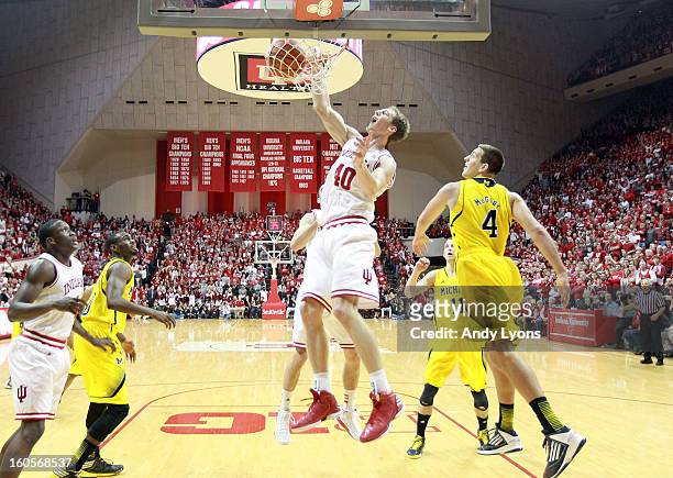 Cody Zeller of the Indiana Hoosiers dunks the ball during the game against the Michigan Wolverines at Assembly Hall on February 2, 2013 in...