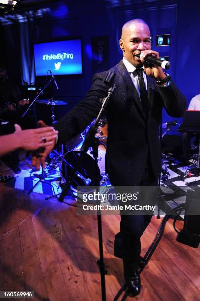 Jamie Foxx performs at the Samsung Galaxy Shangri-La Party in the Big Easy with the New Orleans Preservation Hall Jazz Band on February 2, 2013 in...