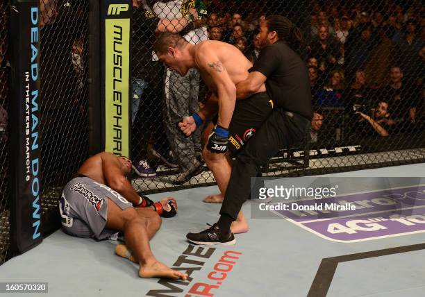 Antonio Silva reacts after his knockout victory over Alistair Overeem during their heavyweight fight at UFC 156 on February 2, 2013 at the Mandalay...
