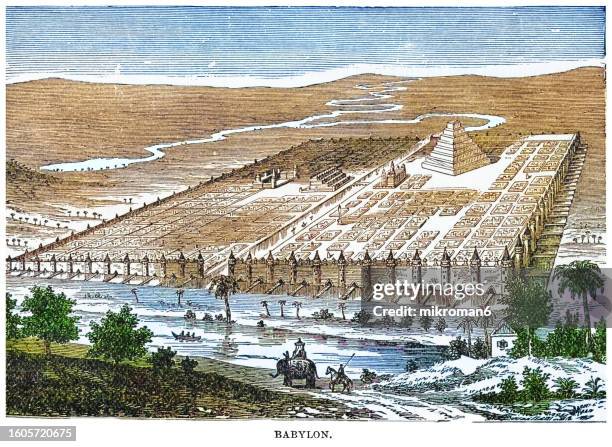 old engraved illustration of babylon, the name of an ancient city located on the lower euphrates river in southern mesopotamia - persepolis stock pictures, royalty-free photos & images