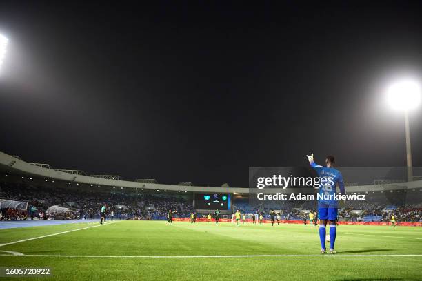 Goalkeeper Edouard Osoque Mendy from Al-Ahli Club gestures during the Saudi Pro League football match between Al-Khaleej and Al-Ahli at Prince...