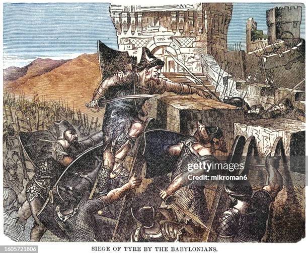 old engraved illustration of the siege of tyre, waged by nebuchadnezzar ii of babylon for 13 years from 586 to 573 bc. (siege of tyre, in phoenicia, city had fallen to babylonian forces after a years-long siege) - siege stock pictures, royalty-free photos & images