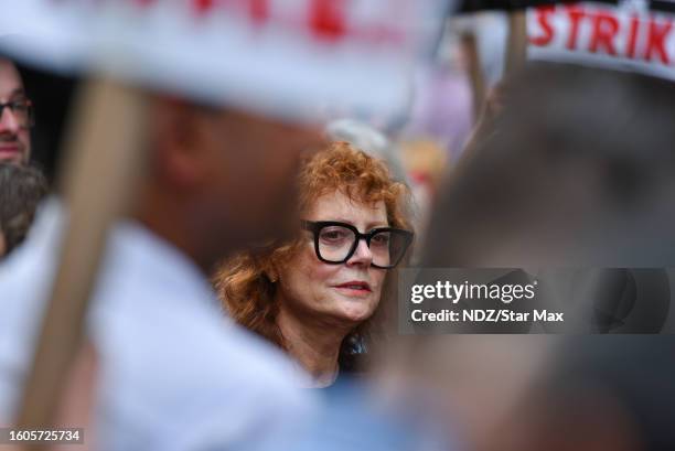 Susan Sarandon walks the picket line in support of the SAG-AFTRA and WGA strike outside Warner Bros. Discovery Headquarters on August 17, 2023 in New...