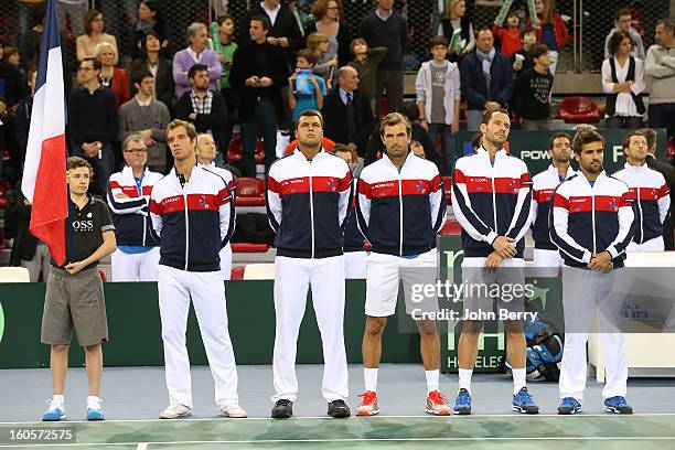 Team France : Richard Gasquet, Jo-Wilfried Tsonga, Julien Bennetteau, Michael Llodra, Arnaud Clement, coach of France pose during the teams...