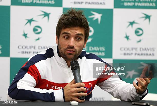 Arnaud Clement, coach of France speaks to the press on day two of the Davis Cup first round match between France and Israel at the Kindarena stadium...