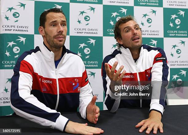 Michael Llodra and Julien Bennetteau of France speak to the press on day two of the Davis Cup first round match between France and Israel at the...