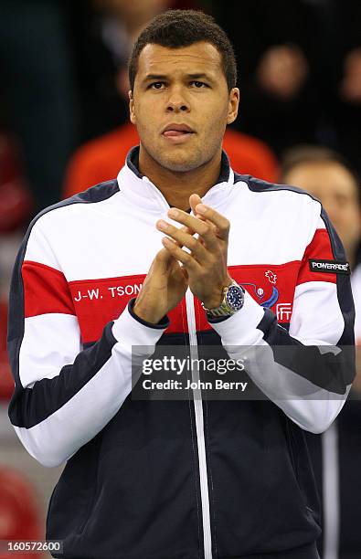 Jo-Wilfried Tsonga of France poses during the teams presentation on day two of the Davis Cup first round match between France and Israel at the...