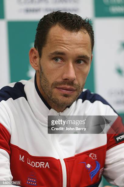 Michael Llodra of France speaks to the press on day two of the Davis Cup first round match between France and Israel at the Kindarena stadium on...