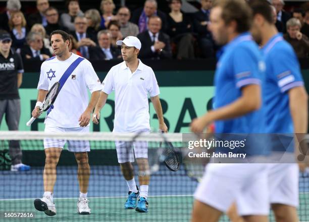 Jonathan Erlich and Dudi Sela of Israel during their doubles match against Julien Bennetteau and Michael Llodra of France on day two of the Davis Cup...