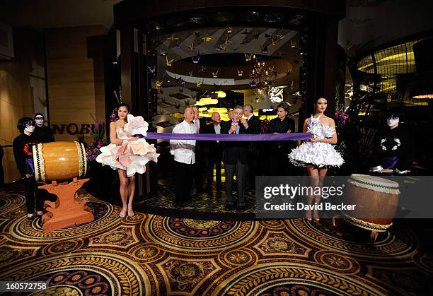 General view of the ribbon cutting ceremony with actor Robert De Niro speaking during a preview for the Nobu Restaurant and Lounge Caesars Palace on...