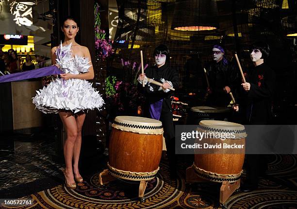 Drummers entertain guests before a ribbon-cutting ceremony at a preview for the Nobu Restaurant and Lounge Caesars Palace on February 2, 2013 in Las...