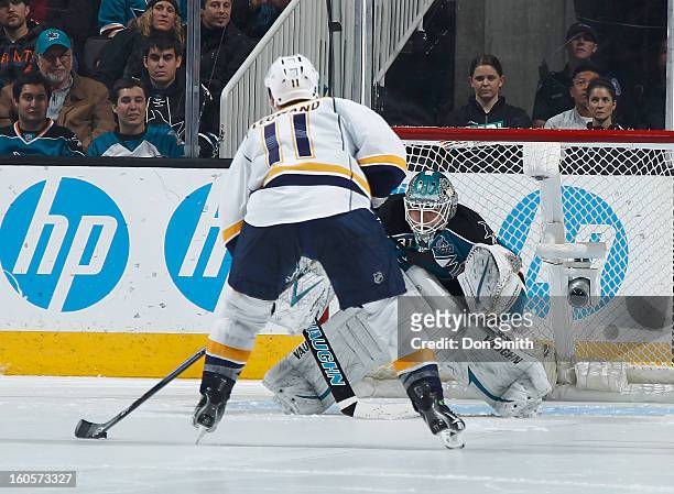 Antti Niemi of the San Jose Sharks prepares for a shoot out shot against David Legwand of the Nashville Predators during an NHL game on February 2,...