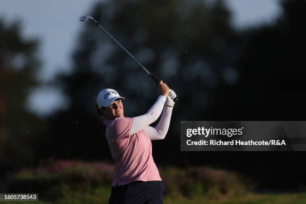 Ally Ewing of the United States plays her second shot on the 18th hole on Day One of the AIG Women's Open at Walton Heath Golf Club on August 10,...