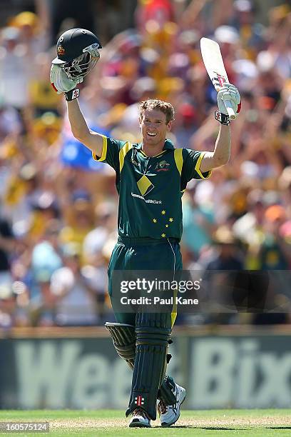 George Bailey of Australia celebrates his century during game two of the Commonwealth Bank One Day International Series between Australia and the...