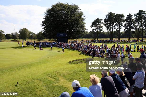 General view as Lilia Vu of the United States, Lexi Thompson of the United States and Linn Grant of Sweden play the 11th green on Day One of the AIG...