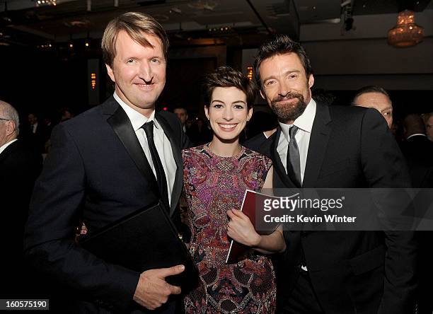 Director Tom Hooper, actors Anne Hathaway and Hugh Jackman during the 65th Annual Directors Guild Of America Awards at Ray Dolby Ballroom at...