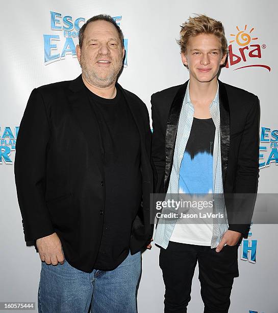 Harvey Weinstein and Cody Simpson attend the premiere of "Escape From Planet Earth" at Mann Chinese 6 on February 2, 2013 in Los Angeles, California.