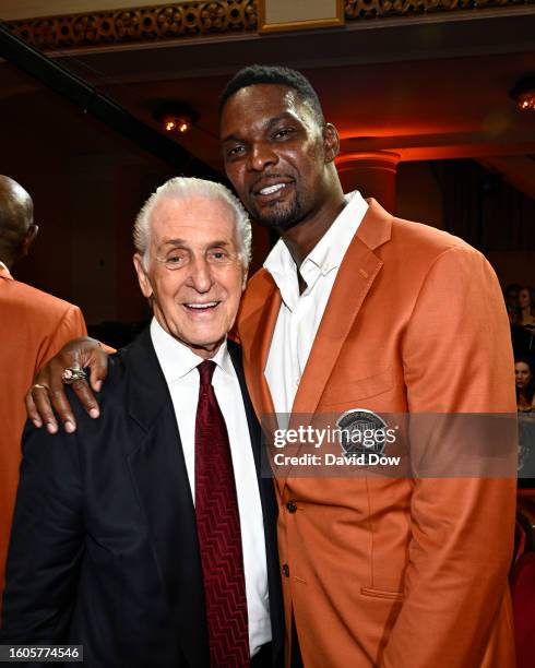 Chris Bosh & Pat Riley poses for a photo during the 2023 Basketball Hall of Fame Enshrinement Ceremony on August 12, 2023 at Springfield Marriott in...