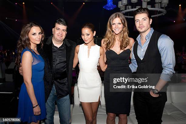 Rachael Leigh Cook, Axxis' William Ekeroth, Jamie Chung, Brooklyn Decker and Josh Henderson attend the Tenth Annual Leather & Laces Super Bowl Party...