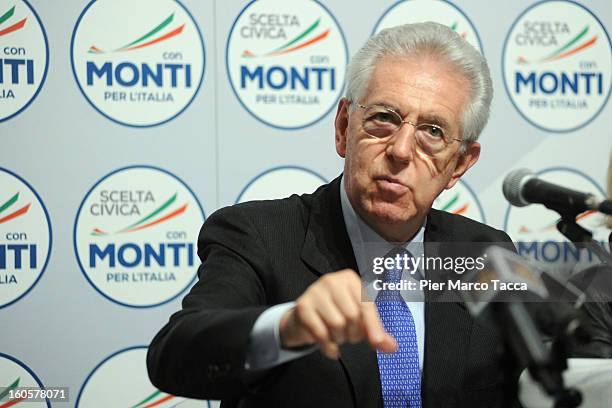 Italian Prime Minister Mario Monti delivers a speech during of Lombardy candidates of 'Scelta Civica con Monti per l'Italia' on February 2, 2013 in...