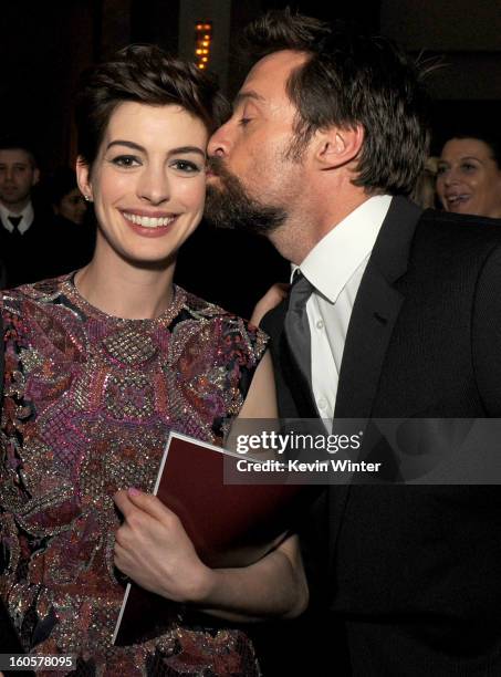 Actor Hugh Jackman kisses actress Anne Hathaway during the 65th Annual Directors Guild Of America Awards at Ray Dolby Ballroom at Hollywood &...