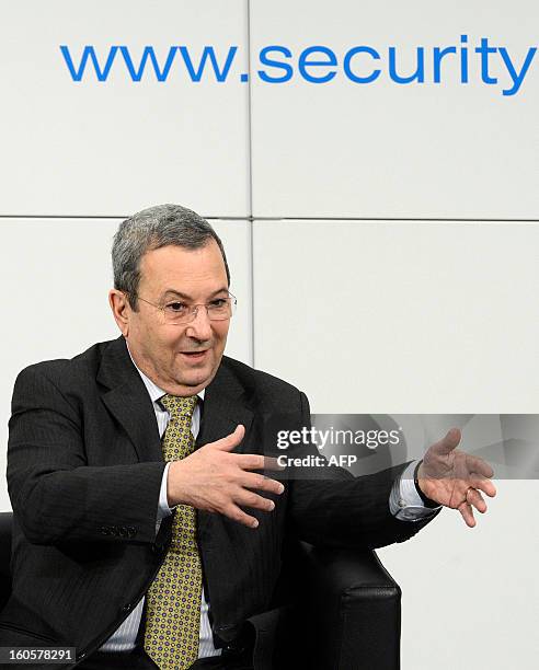 Israeli Deputy Prime Minister and Minister of Defence Ehud Barak gestures during a podium talk on the third day of the 49th Munich Security...