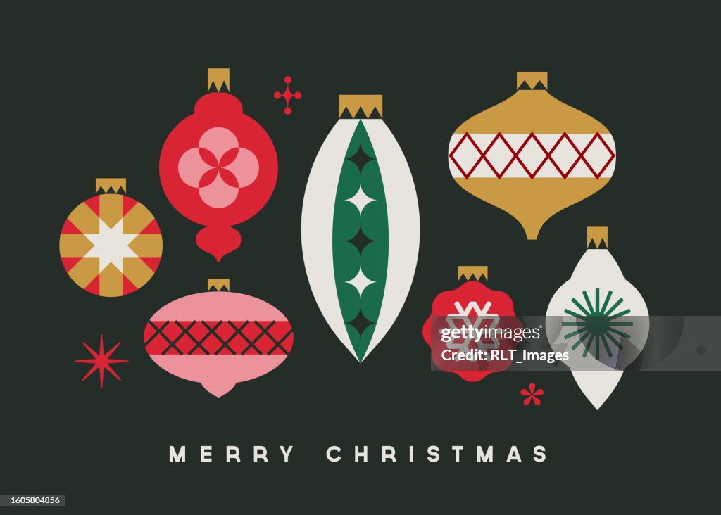 Diseño de tarjeta de felicitación con adornos navideños modernos retro de mediados de siglo