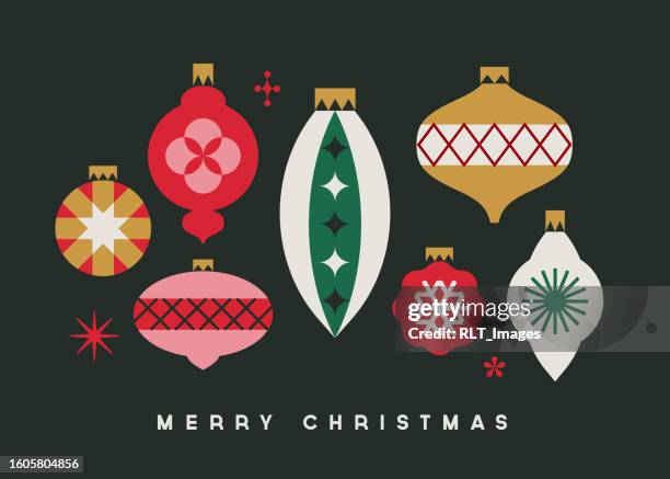 greeting card design with retro mid-century modern christmas holiday ornaments - knick knack stock illustrations