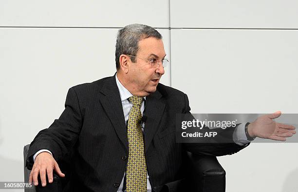 Israel's Deputy Prime Minister and Minister of Defence Ehud Barak gestures during a podium discussion on the third day of the 49th Munich Security...