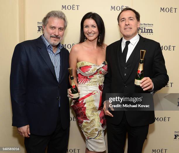 President Douglas Stone, Moet's Julia Fitzroy, and director David O. Russell visit The Moet & Chandon Lounge at The Santa Barbara International Film...