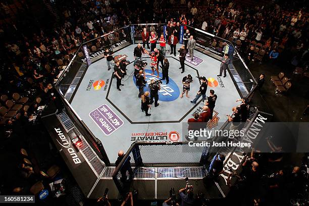 An overhead view of the Octagon as Jose Aldo is declared the victor by decision against Frankie Edgar after their featherweight title fight at UFC...