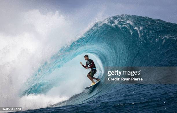 Jack Robinson of Australia surfs during previews ahead of the 2023 SHISEIDO Tahiti Pro on August 09, 2023 in Teahupo'o, French Polynesia.